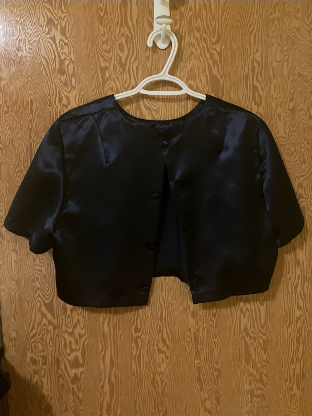 Navy Blue Satin Cropped Short-Sleeve Top - Women's Elegant Evening Layer